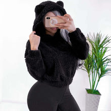 Load image into Gallery viewer, Hoodie Sweatshirt With Ears Crop Top Short Women Long Sleeve Pullovers New White Autumn Winter Teddy Plush Warm Ladies Clothing