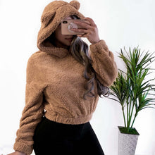 Load image into Gallery viewer, Hoodie Sweatshirt With Ears Crop Top Short Women Long Sleeve Pullovers New White Autumn Winter Teddy Plush Warm Ladies Clothing