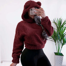 Load image into Gallery viewer, Hoodie Sweatshirt With Ears Crop Top Short Women Long Sleeve Pullovers New White Autumn Winter Teddy Plush Warm Ladies Clothing