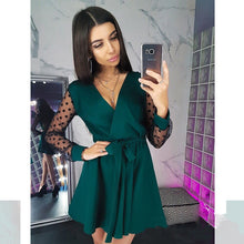 Load image into Gallery viewer, Sexy Sashes v Neck Party Dress Women Long Sleeve Lace Patchwork a Line Elegant Dress 2019 Autumn Female Club Party Dress Mini