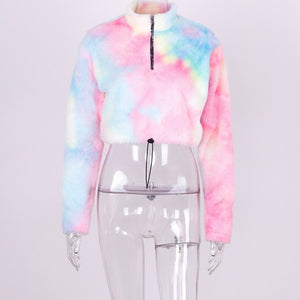Nadafair Long Sleeve White Cropped Hoodie Women Autumn Winter Pullover Short Sweatshirt Plush Zipper Faux Fur Fluffly Sweatshirt