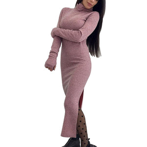 Adisputent Turtleneck Knitted Sweater Dress Split Long Sleeve Women's Autumn Winter Slim Solid Maxi Dresses Bodycon Long Dress