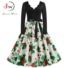 Load image into Gallery viewer, Black Big Swing Print Vintage Christmas Dress Women Winter Casual Long Sleeve V Neck Sexy New Year Party Dress Plus Size S~3XL