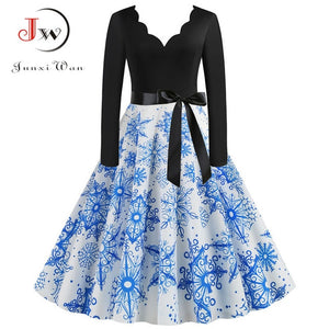 Black Big Swing Print Vintage Christmas Dress Women Winter Casual Long Sleeve V Neck Sexy New Year Party Dress Plus Size S~3XL