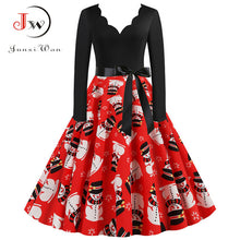 Load image into Gallery viewer, Black Big Swing Print Vintage Christmas Dress Women Winter Casual Long Sleeve V Neck Sexy New Year Party Dress Plus Size S~3XL