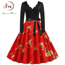 Load image into Gallery viewer, Black Big Swing Print Vintage Christmas Dress Women Winter Casual Long Sleeve V Neck Sexy New Year Party Dress Plus Size S~3XL