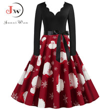 Load image into Gallery viewer, Black Big Swing Print Vintage Christmas Dress Women Winter Casual Long Sleeve V Neck Sexy New Year Party Dress Plus Size S~3XL
