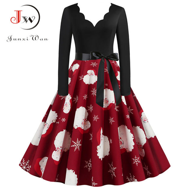 Black Big Swing Print Vintage Christmas Dress Women Winter Casual Long Sleeve V Neck Sexy New Year Party Dress Plus Size S~3XL