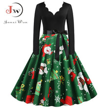 Load image into Gallery viewer, Black Big Swing Print Vintage Christmas Dress Women Winter Casual Long Sleeve V Neck Sexy New Year Party Dress Plus Size S~3XL