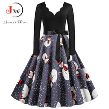 Load image into Gallery viewer, Black Big Swing Print Vintage Christmas Dress Women Winter Casual Long Sleeve V Neck Sexy New Year Party Dress Plus Size S~3XL
