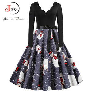 Black Big Swing Print Vintage Christmas Dress Women Winter Casual Long Sleeve V Neck Sexy New Year Party Dress Plus Size S~3XL