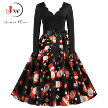 Load image into Gallery viewer, Black Big Swing Print Vintage Christmas Dress Women Winter Casual Long Sleeve V Neck Sexy New Year Party Dress Plus Size S~3XL