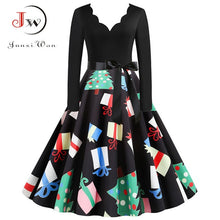 Load image into Gallery viewer, Black Big Swing Print Vintage Christmas Dress Women Winter Casual Long Sleeve V Neck Sexy New Year Party Dress Plus Size S~3XL