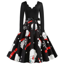 Load image into Gallery viewer, Black Big Swing Print Vintage Christmas Dress Women Winter Casual Long Sleeve V Neck Sexy New Year Party Dress Plus Size S~3XL