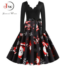 Load image into Gallery viewer, Black Big Swing Print Vintage Christmas Dress Women Winter Casual Long Sleeve V Neck Sexy New Year Party Dress Plus Size S~3XL
