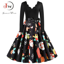 Load image into Gallery viewer, Black Big Swing Print Vintage Christmas Dress Women Winter Casual Long Sleeve V Neck Sexy New Year Party Dress Plus Size S~3XL