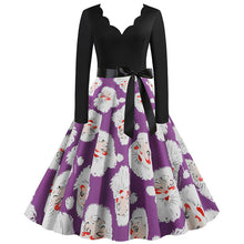 Load image into Gallery viewer, Black Big Swing Print Vintage Christmas Dress Women Winter Casual Long Sleeve V Neck Sexy New Year Party Dress Plus Size S~3XL