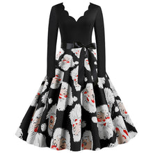 Load image into Gallery viewer, Black Big Swing Print Vintage Christmas Dress Women Winter Casual Long Sleeve V Neck Sexy New Year Party Dress Plus Size S~3XL