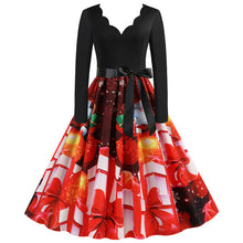 Load image into Gallery viewer, Black Big Swing Print Vintage Christmas Dress Women Winter Casual Long Sleeve V Neck Sexy New Year Party Dress Plus Size S~3XL