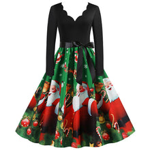 Load image into Gallery viewer, Black Big Swing Print Vintage Christmas Dress Women Winter Casual Long Sleeve V Neck Sexy New Year Party Dress Plus Size S~3XL