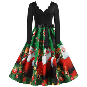 Black Big Swing Print Vintage Christmas Dress Women Winter Casual Long Sleeve V Neck Sexy New Year Party Dress Plus Size S~3XL