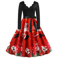 Load image into Gallery viewer, Black Big Swing Print Vintage Christmas Dress Women Winter Casual Long Sleeve V Neck Sexy New Year Party Dress Plus Size S~3XL