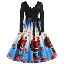 Load image into Gallery viewer, Black Big Swing Print Vintage Christmas Dress Women Winter Casual Long Sleeve V Neck Sexy New Year Party Dress Plus Size S~3XL