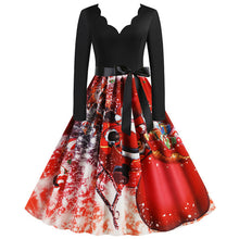 Load image into Gallery viewer, Black Big Swing Print Vintage Christmas Dress Women Winter Casual Long Sleeve V Neck Sexy New Year Party Dress Plus Size S~3XL
