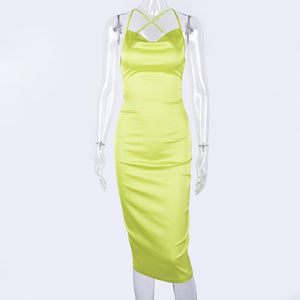 Dulzura neon satin lace up 2019 summer women bodycon long midi dress sleeveless backless elegant party outfits sexy club clothes