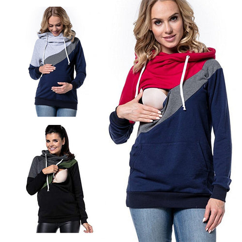 Cotton Fashion Casual Patchwork Maternity Clothes Long Sleeve Nursing Top Breastfeeding Hoodie for Pregnant Outwear Clothes