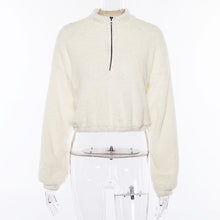 Load image into Gallery viewer, Nadafair Long Sleeve White Cropped Hoodie Women Autumn Winter Pullover Short Sweatshirt Plush Zipper Faux Fur Fluffly Sweatshirt