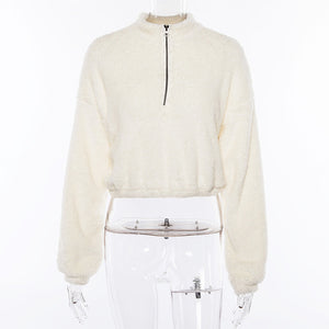 Nadafair Long Sleeve White Cropped Hoodie Women Autumn Winter Pullover Short Sweatshirt Plush Zipper Faux Fur Fluffly Sweatshirt